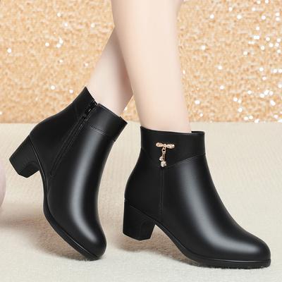 Материнская обувь осенне-зимние короткие ботинки женские ботинки на среднем каблуке флисовая кожаная обувь толстый каблук хлопковая обувь зимняя обувь для пожилых одинарные ботинки