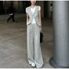 Fashionable Sleeveless Jacket and High Waist Wide Leg Pants Casual 2piece Suit Set