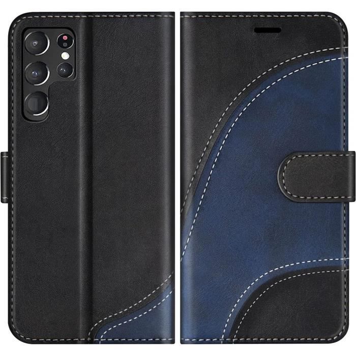 Coque - E.F.CONNECTION - pour Samsung Galaxy S24 Ultra - Effet Cuir - Bicolore Bleu Marine-Noir - Antichoc