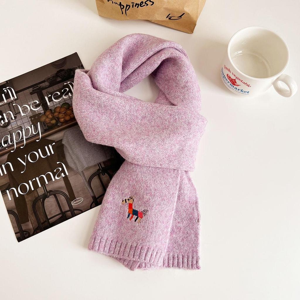 2024 Autumn/Winter Korean Knitted Wool Scarf - Women's Warm, Thick, Embroidered Design