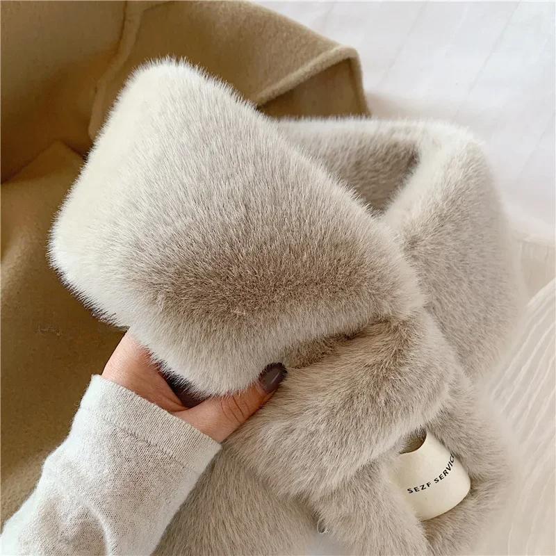 Winter Hairy Snood Scarves Women Faux Rabbit Fur Cross Scarves Solid Color Fluffy Shawls Plush Warmer False Collar Neckerchief