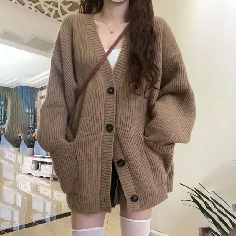 Autumn Winter V-neck Solid Color Loose Casual Cardigan Coat Women All-match Knitting Jacket Outwear Top