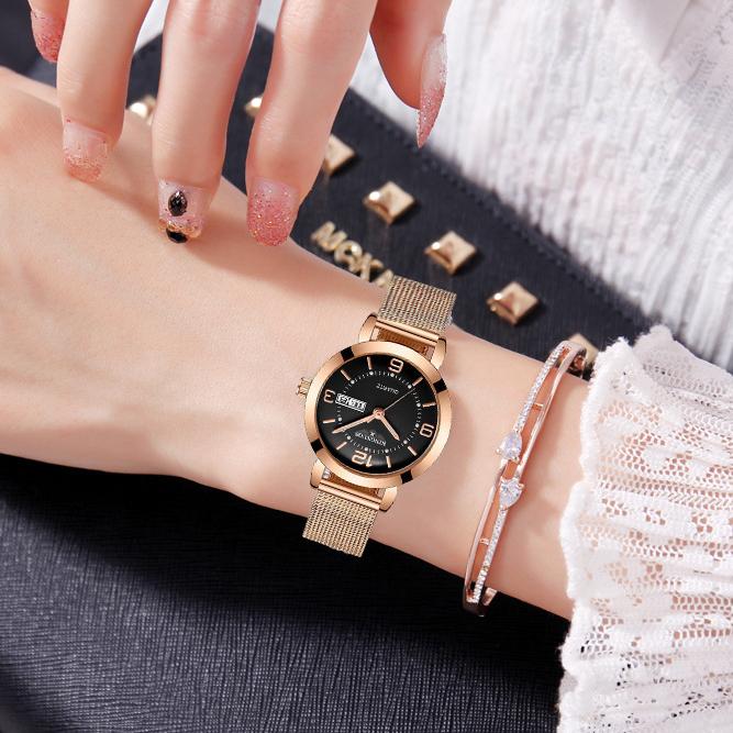 KINGNUOS кварцевые часы немеханические женские часы светящиеся водонепроницаемые двойной календарь женские наручные часы со стальным ремешком