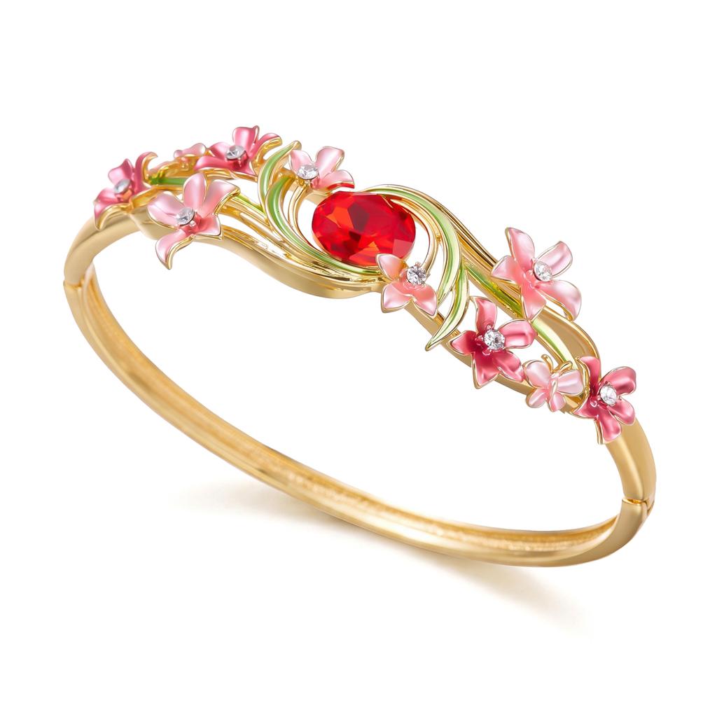 Elegant Flower Pattern Enamel Open Bracelet for Women Trendy Gold Plated Cloisonne Flowers Bangle Ring Charms Party Jewelry
