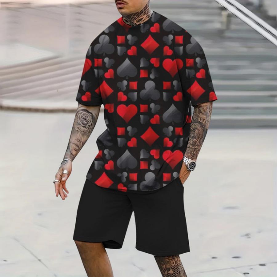 Стильный мужской спортивный стиль летний мужской комплект из 2 предметов повседневный дышащий короткий рукав покер 3d принт свободный большой размер