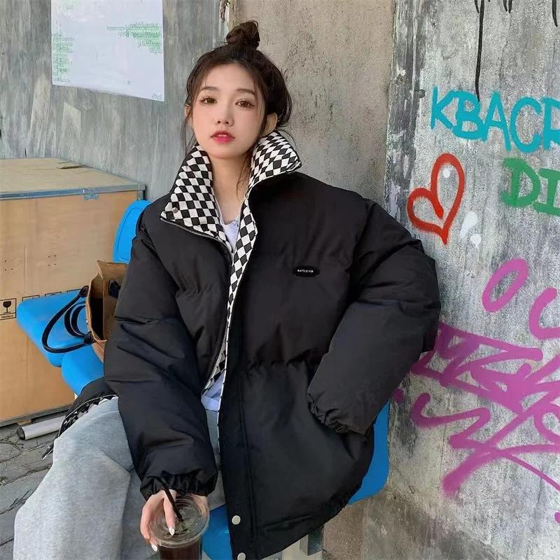 Winter Checkered Down Cotton Jacket Women Zipper Loose Padded Coat Solid Thickening Warm Puffer Parkas Jackets Short Style Forest Style Bread Jacket
