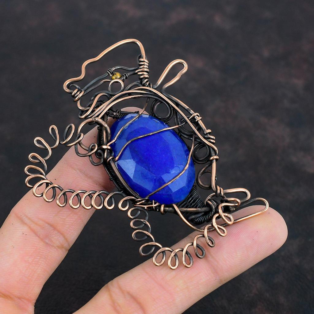Граненый кулон из синего сапфира, кулон, обернутый медной проволокой, кулон с драгоценным камнем в виде кролика, ювелирные изделия с проволочным дизайном, медные ювелирные изделия ручной работы, подарки для нее
