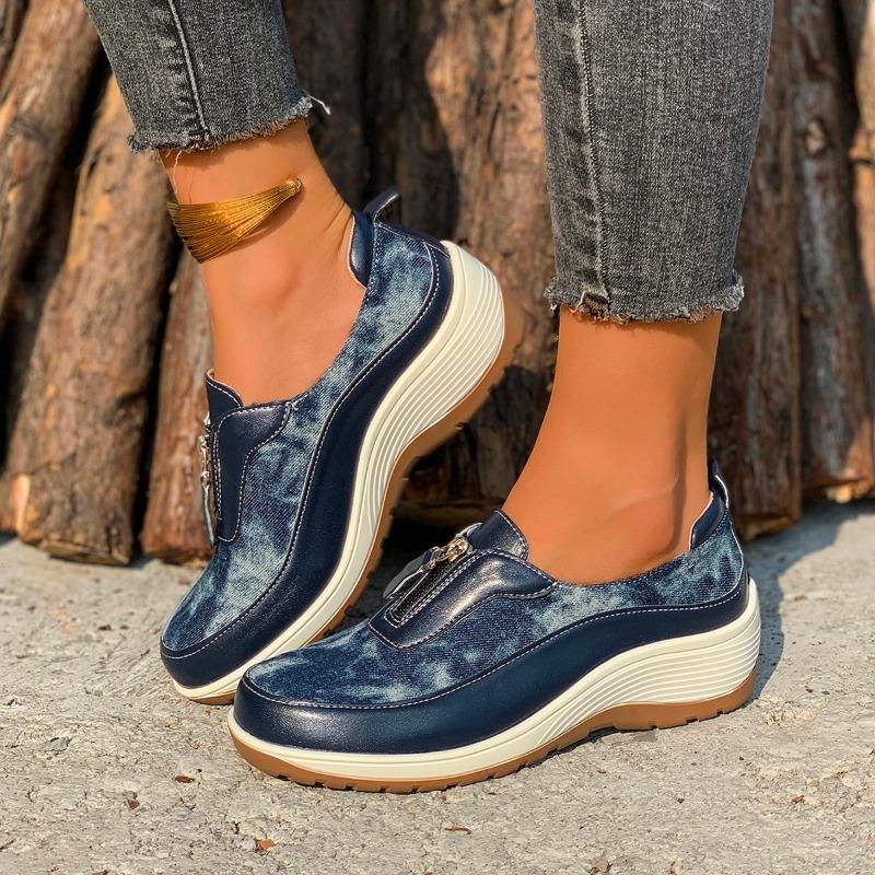 Модные женские туфли на покатом каблуке, новые осенние туфли с круглым носком, глубоким воротом, молнией спереди, мягкой подошвой, нескользящей толстой подошвой, туфли на среднем каблуке