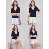 Basic House Women's Faux Two-Piece V-Neck Ice Silk Knit T-Shirt