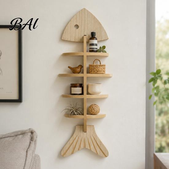 Japanese Minimalist Display Rack Fish Bone Storage Rack, Wood Wall Mounted Floating Shelf, Ocean Style Entryway Decorative Art for Bedroom Bathroom