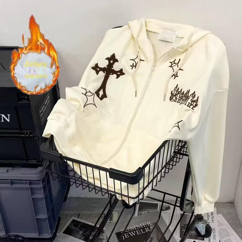 Cross Flame Embroidered Retro Hip Hop Unisex Cardigan Jacket