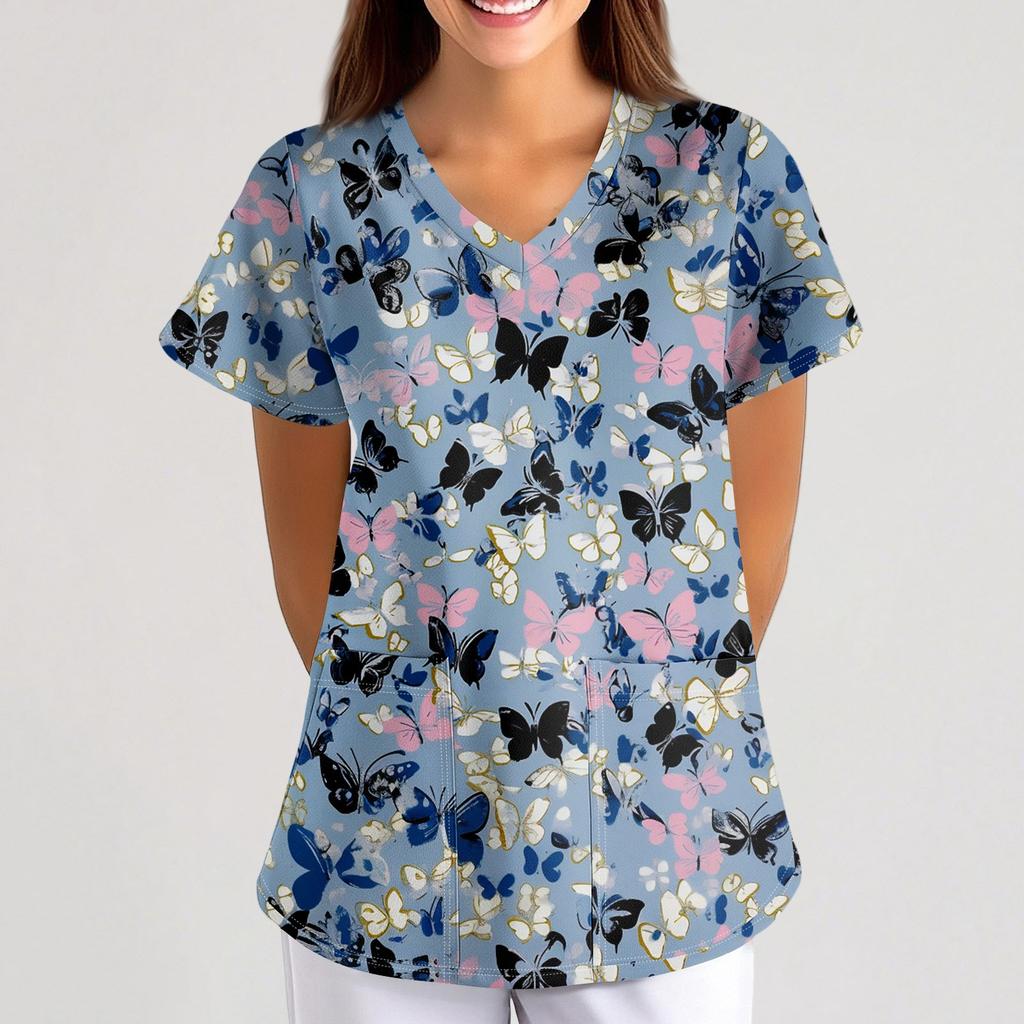 Women's Animal Print Loose V-Neck Pocket Short Sleeve  Uniform  Uniform