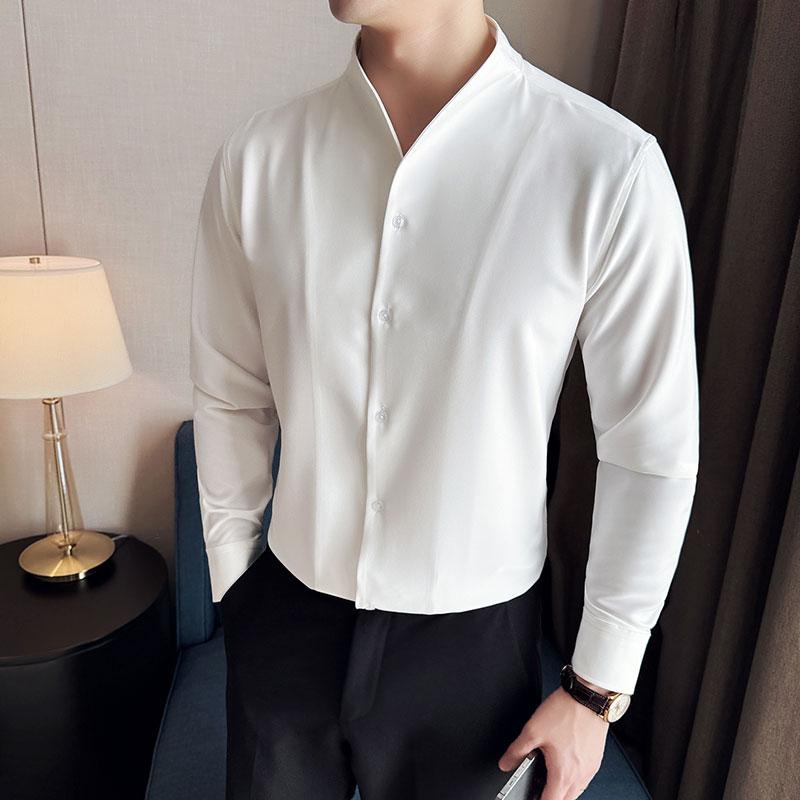 Spring Autumn New Men's V-Neck Shirt British Style Anti-Wrinkle Soft Solid Casual Elastic Slim Fit Long Sleeved Shirt Men Clothing