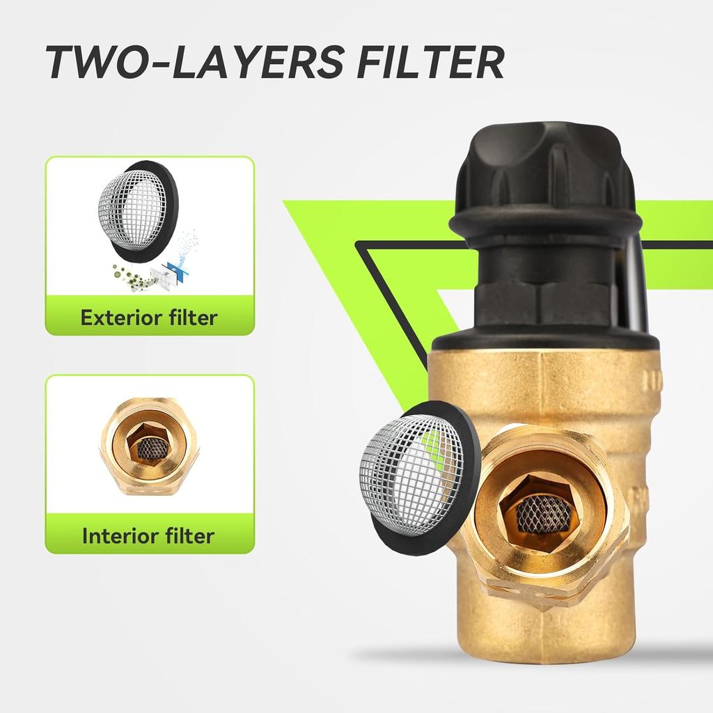 RVMATE RV Water Pressure Regulator With Adjustable Knob, Brass Lead-Free Water Pressure Reducer Kit, Adjustable Valve With Inlet Screen Filter, For