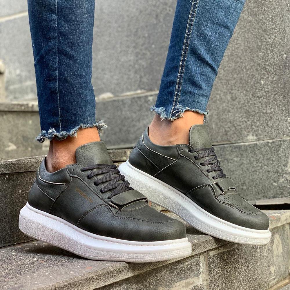 Chekich Мужская обувь. Повседневная обувь. Черный цвет. Искусственная кожа на шнуровке. Весенние и осенние сезоны. Вулканизированная лента на липучке. Белая высокая подошва. CH073.