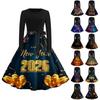 Women's Casual Fashion Round Neck Long Sleeve New Year Printed Retro Dress