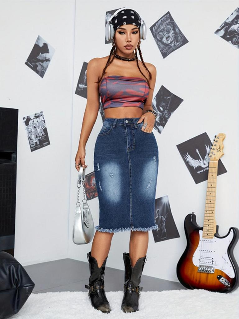 Женская облегающая юбка-миди с разрывами - Джинсовая юбка с необработанным краем