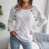 Women's Fashion Casual Solid Color Square Neck Button Cable Knit Pullover Sweater
