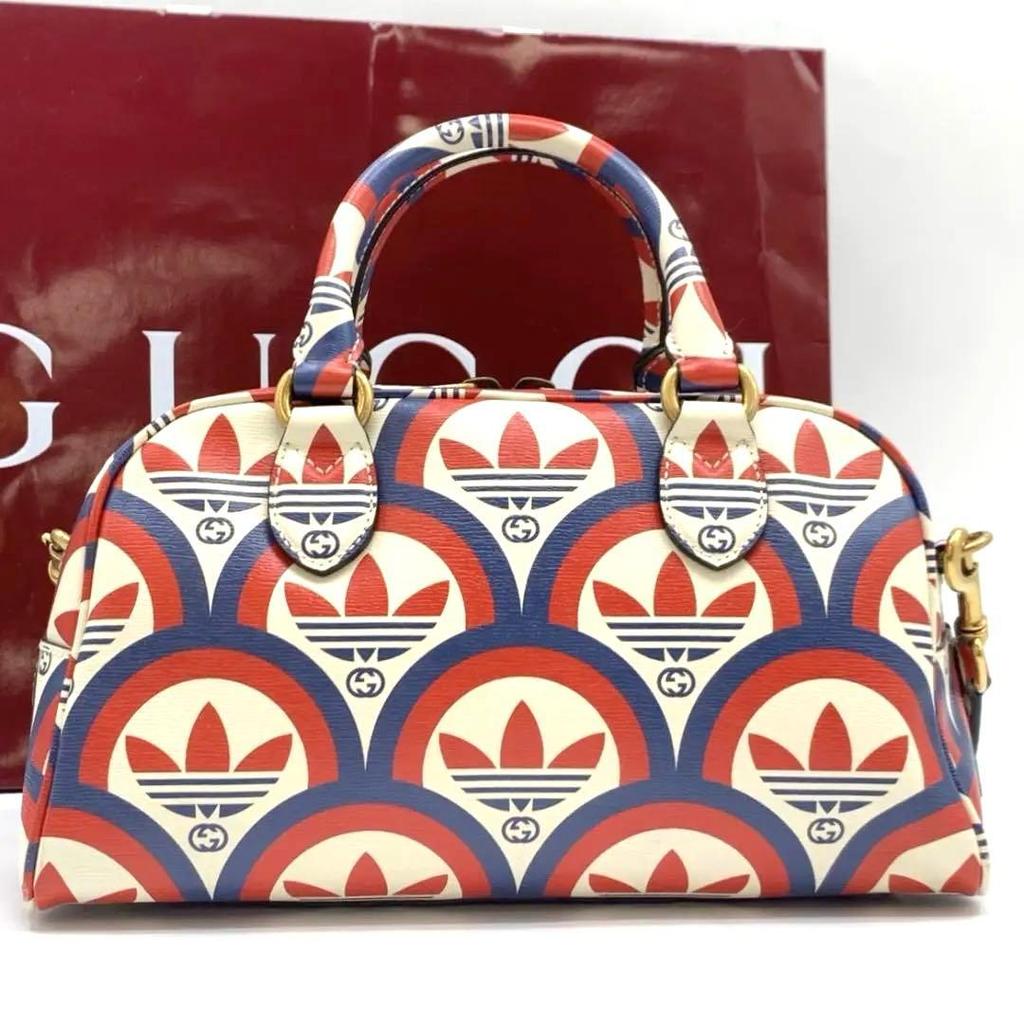 Gucci ADIDAS Сотрудничество Двойной Бренд Многоцветный 2-в-1 Сумка-Даффл Sherry Line Мини Бостон Сумка через Плечо Кожаная
