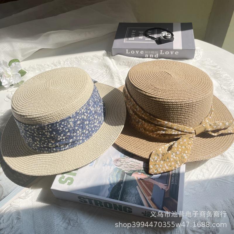 French flat hat straw hat women's summer seaside play beach hat top hat floral with sun protection hat