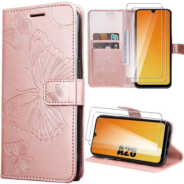 Coque de protection - BOOLING - pour Samsung Galaxy A26 5G - Synthécuir Rose - Motif Papillon - 2 Verres Trempés