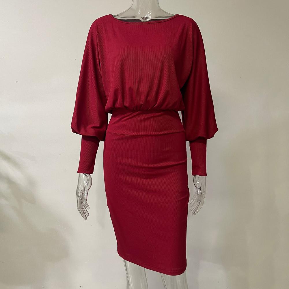 Осенне-весеннее женское платье облегающего кроя, однотонное, с косым вырезом на одно плечо, рукавами-фонариками, эластичное, для шопинга, на работу, миди-платье