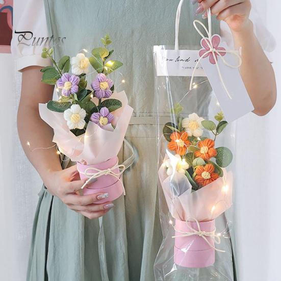 Букет крючком со светодиодной подсветкой, ручной работы, вязаный цветок, искусственный букет, яркий внешний вид, фальшивый букет, подарок на День святого Валентина