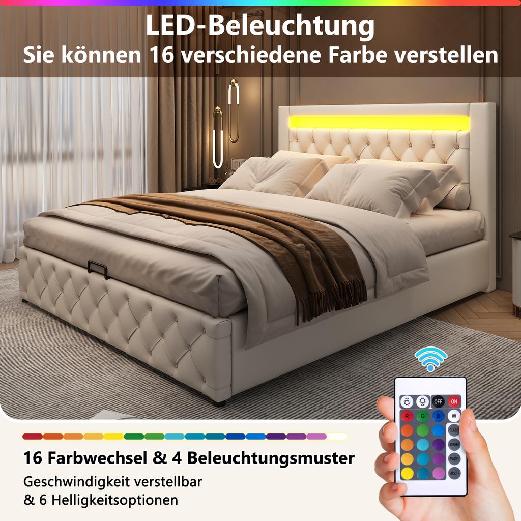 Upholstered bed 140 x 200 cm, functional bed with slatted frame and storage space, with LED lighting, with storage function, white, PU