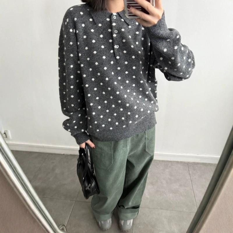 Womens Polka Dot POLO Collar Knit Sweater Loose Fit Fall Winter Thick Warm French Chic Pullover