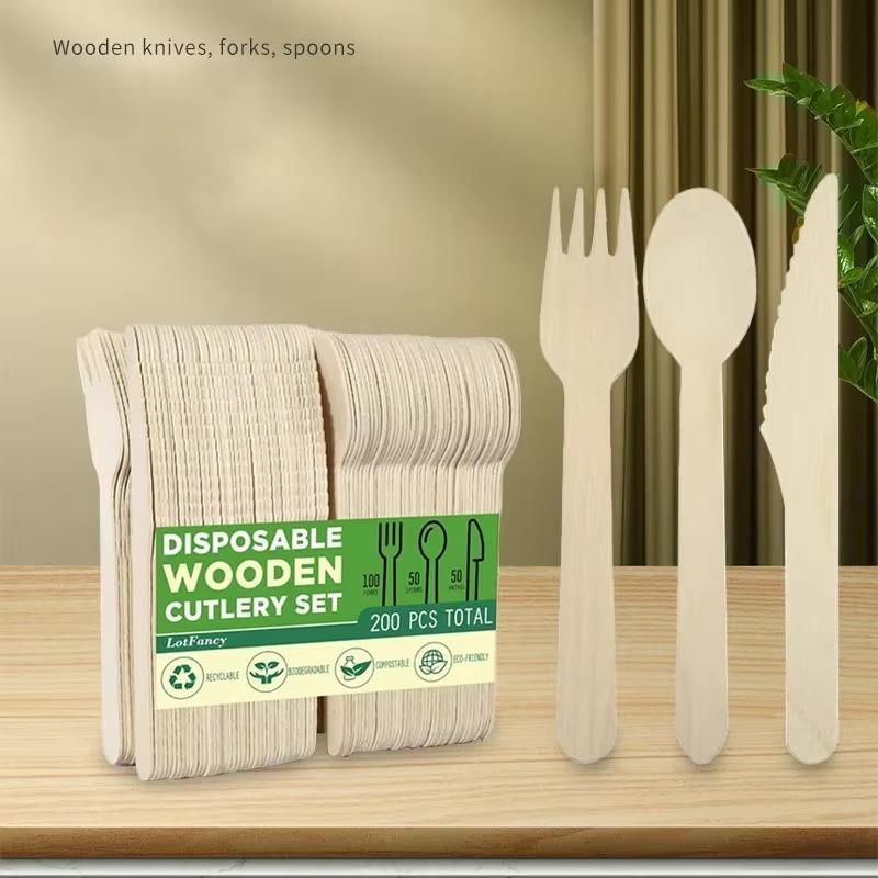 50/100PCS Natural Wooden Disposable Cutlery Set Dessert Cake Knives Forks Spoons for Parties Weddings Cafes Tableware Supplies