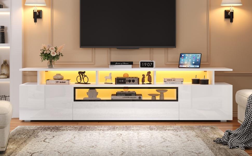 180*38*45cm TV Cabinet with 2 Cabinets and 1 Drawer, Lowboard with LED and 10 Storage Surfaces, Suitable for TVs around 75 Inches