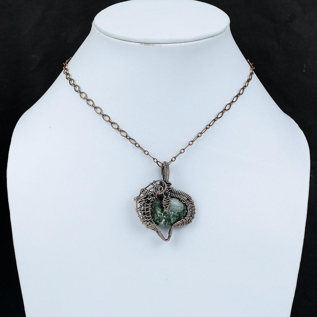 Подвеска из серафинита, обернутая медной проволокой, драгоценный камень, подвеска ручной работы, обернутая проволокой, уникальный медный дизайн, подвеска, подарок на годовщину