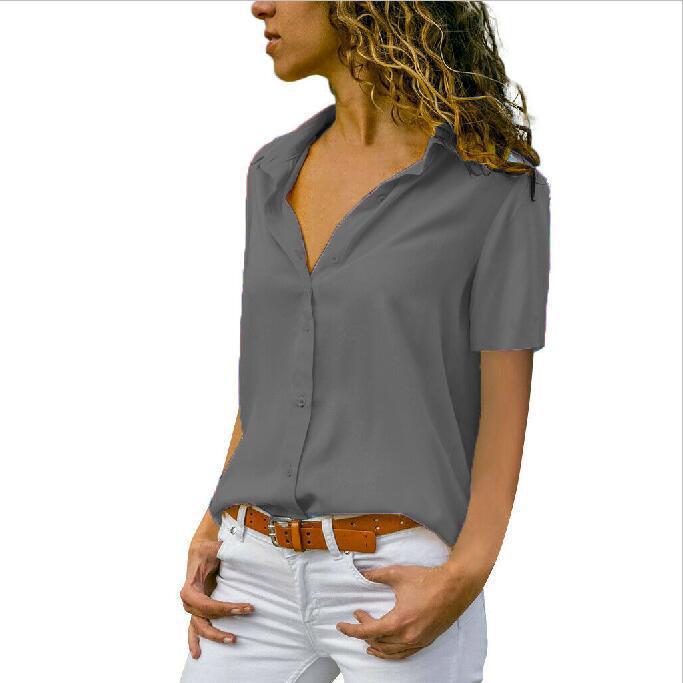 Women Solid Color Short Sleeve Turn Down Collar Button Up Chiffon Blouse Plus Size Summer Tops