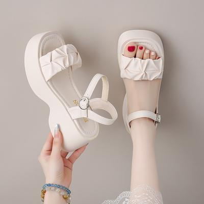 Женские сандалии Лето Новый стиль Фея Ветер Толстая подошва Увеличение роста Повседневные Универсальные Юбка Пляжные сандалии Удобная резина