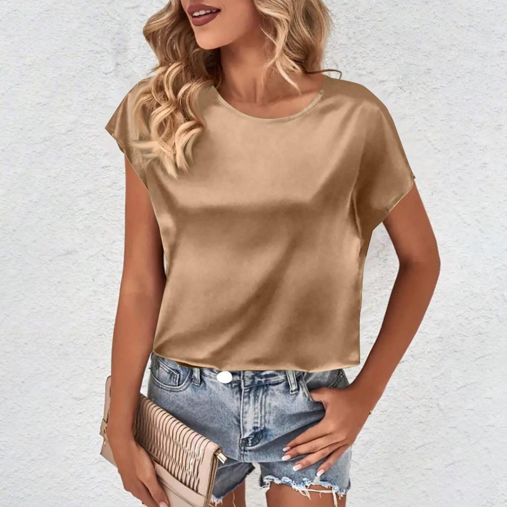 Женские повседневные топы без рукавов, однотонные атласные универсальные рубашки с круглым вырезом, топы