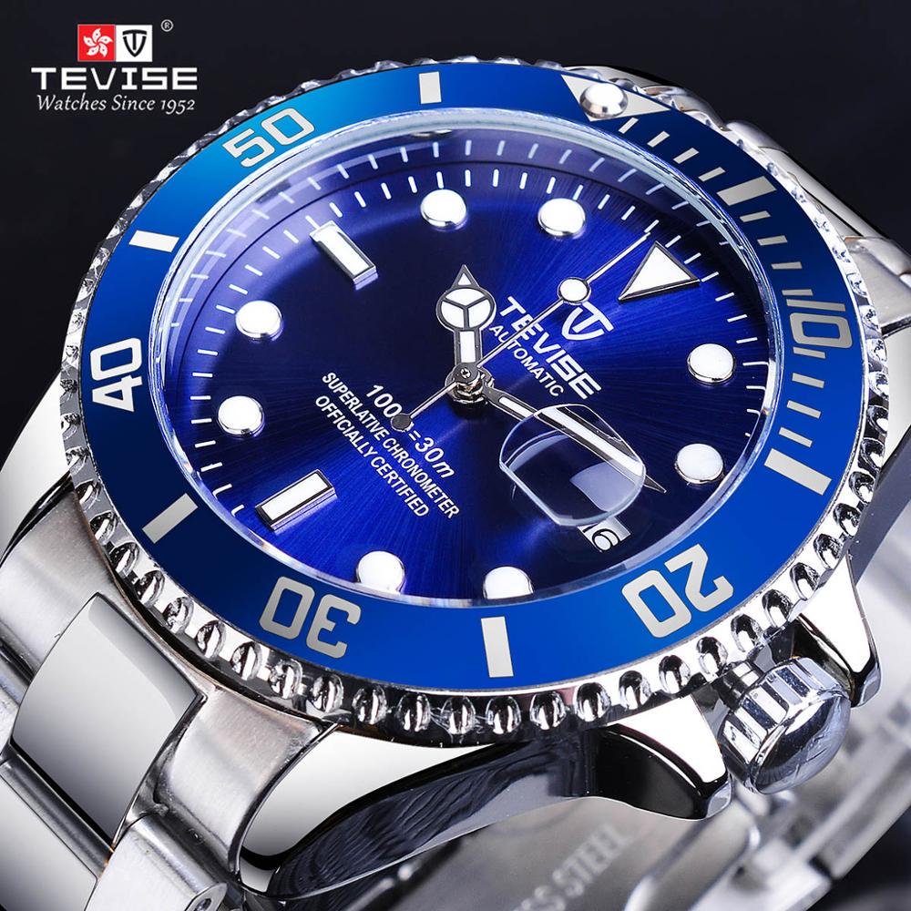 TEVISE Men's Automatic Mechanical Watch Blue Ocean Dial Full Stainless Steel Sport with Calendar Display Luxury Top Business