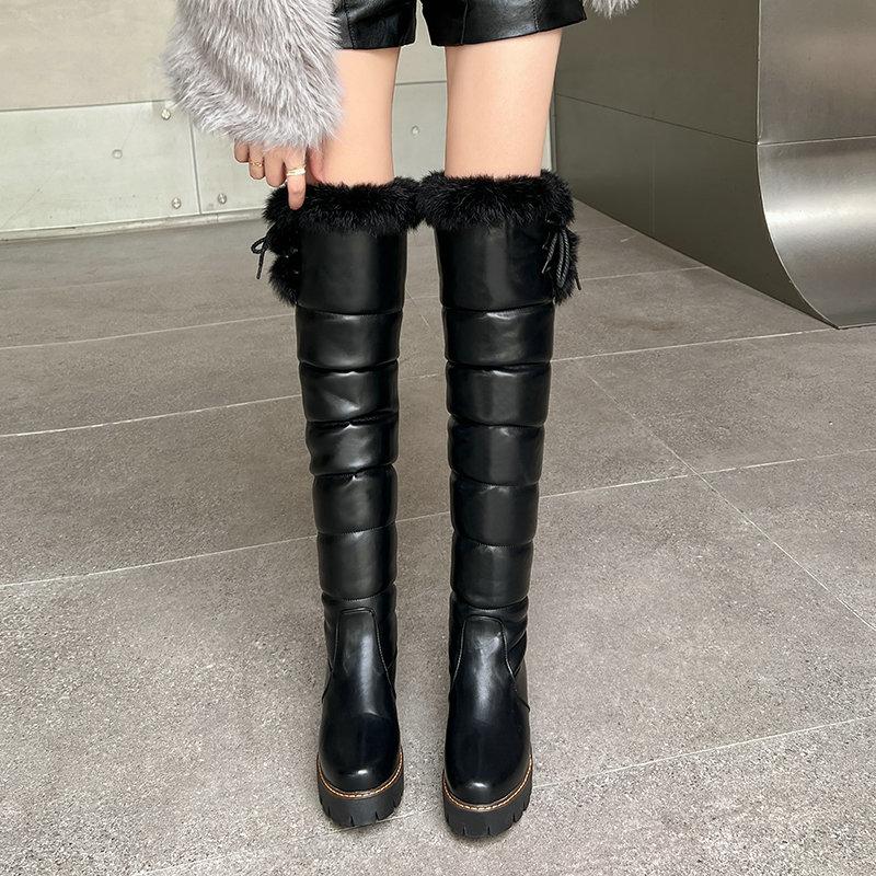 Женские сапоги выше колена с высокими сапогами из натурального кроличьего меха. Женские зимние зимние сапоги.