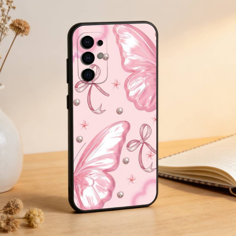 Pink Butterfly Pattern Phone Case Black Silicone Soft For Samsung S25,S24,S21,S22,S23,S30,Ultra,S20,Plus,Fe,Lite