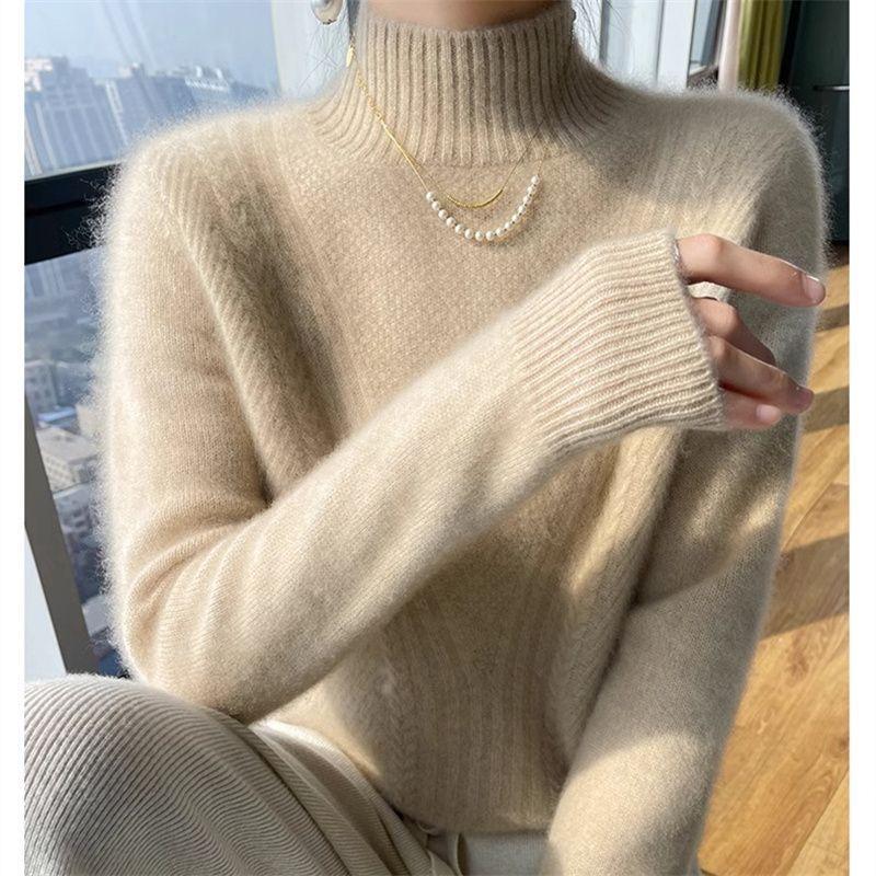 Модный женский кашемировый свитер, свободный трикотаж с длинным рукавом, однотонный пуловер с полувысоким воротником