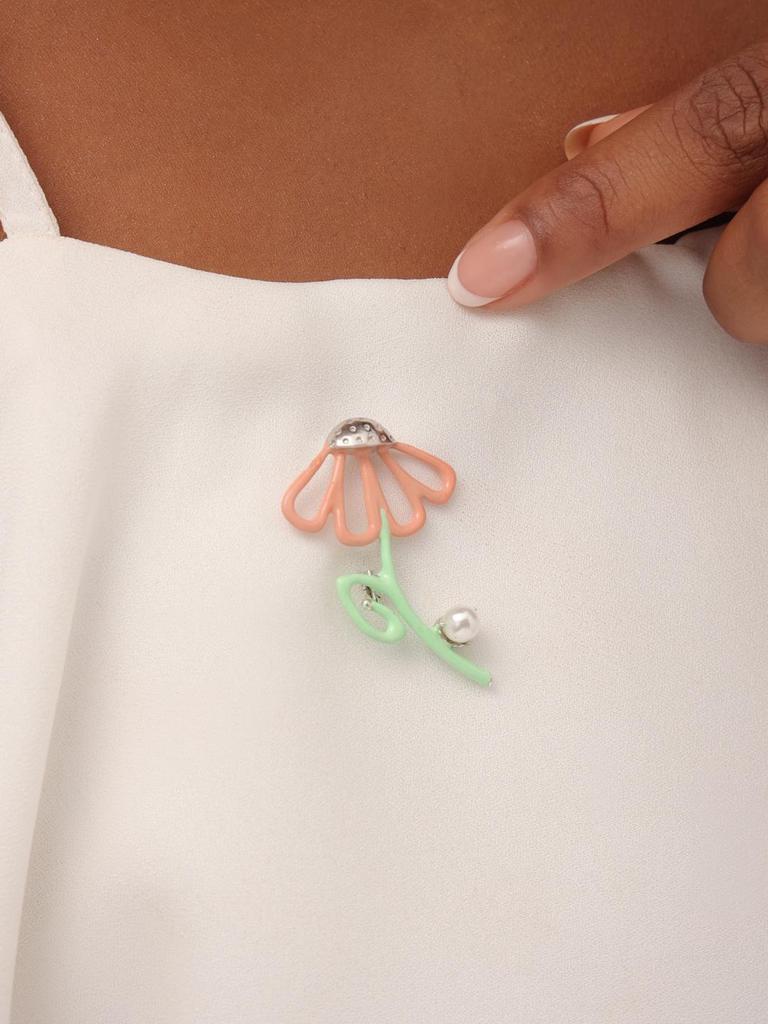 Брошь Kicky and Perky из стерлингового серебра 925 пробы с оранжевой и зеленой эмалью и жемчугом в виде цветка для женщин