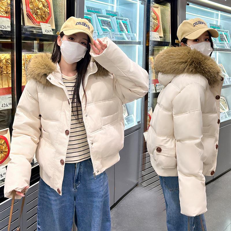 Большой меховой воротник короткая пуховая хлопковая куртка женская зима 2025 новая свободная утолщенная зимняя