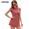 Summer Women's Dress Solid Colour Covered Sleeve Round Neck Short Dresses Elastic Waist Short Dresses Mini Dresses