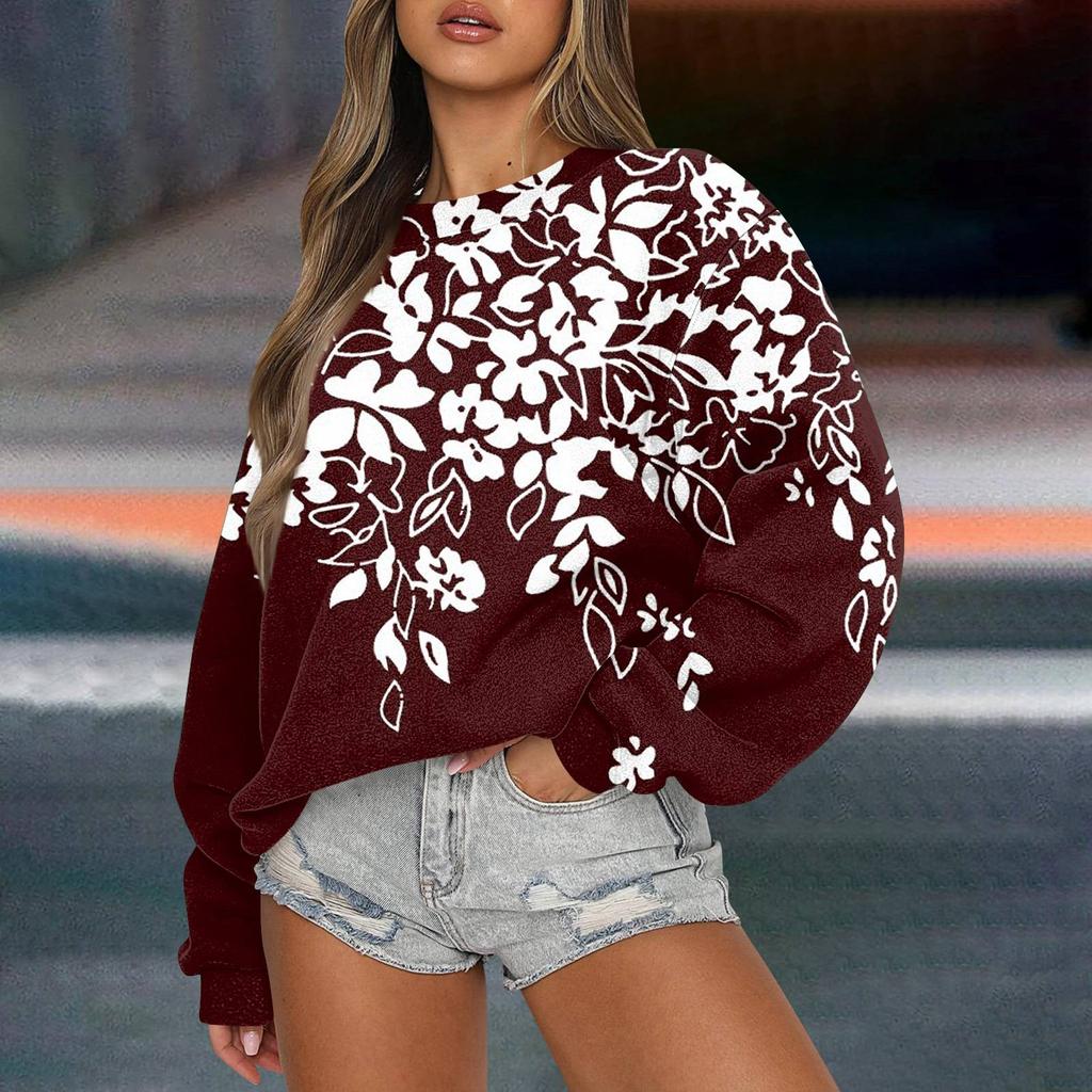Женская повседневная мода ретро цветочный принт длинный рукав трикотажный спортивный топ свободного кроя
