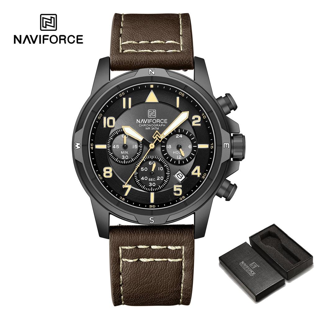 Naviforce Оригинальные мужские кварцевые часы Хронограф Мини-циферблат Календарь Дата Кожаный ремешок Светящиеся стрелки Водонепроницаемость 30м Мужские часы Подарок NF8077