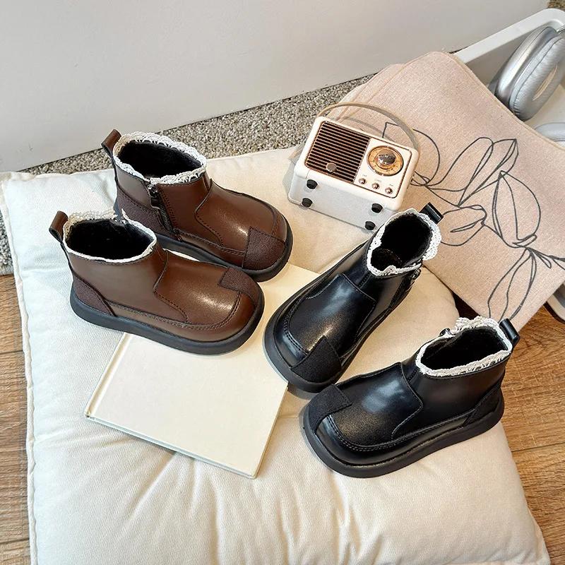 Kids Short Boots with Sweet Lace Girls Princess Boots with Cotton Non-slip 2024 Autumn Winter New Children Ankle Boots Elegant