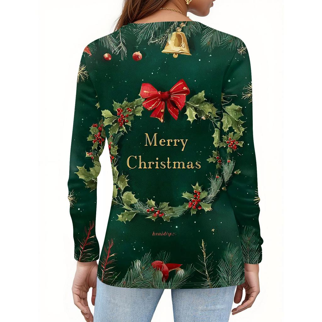 Women's Fashion Casual V-Neck Long Sleeve Decorative Button Christmas Print Top