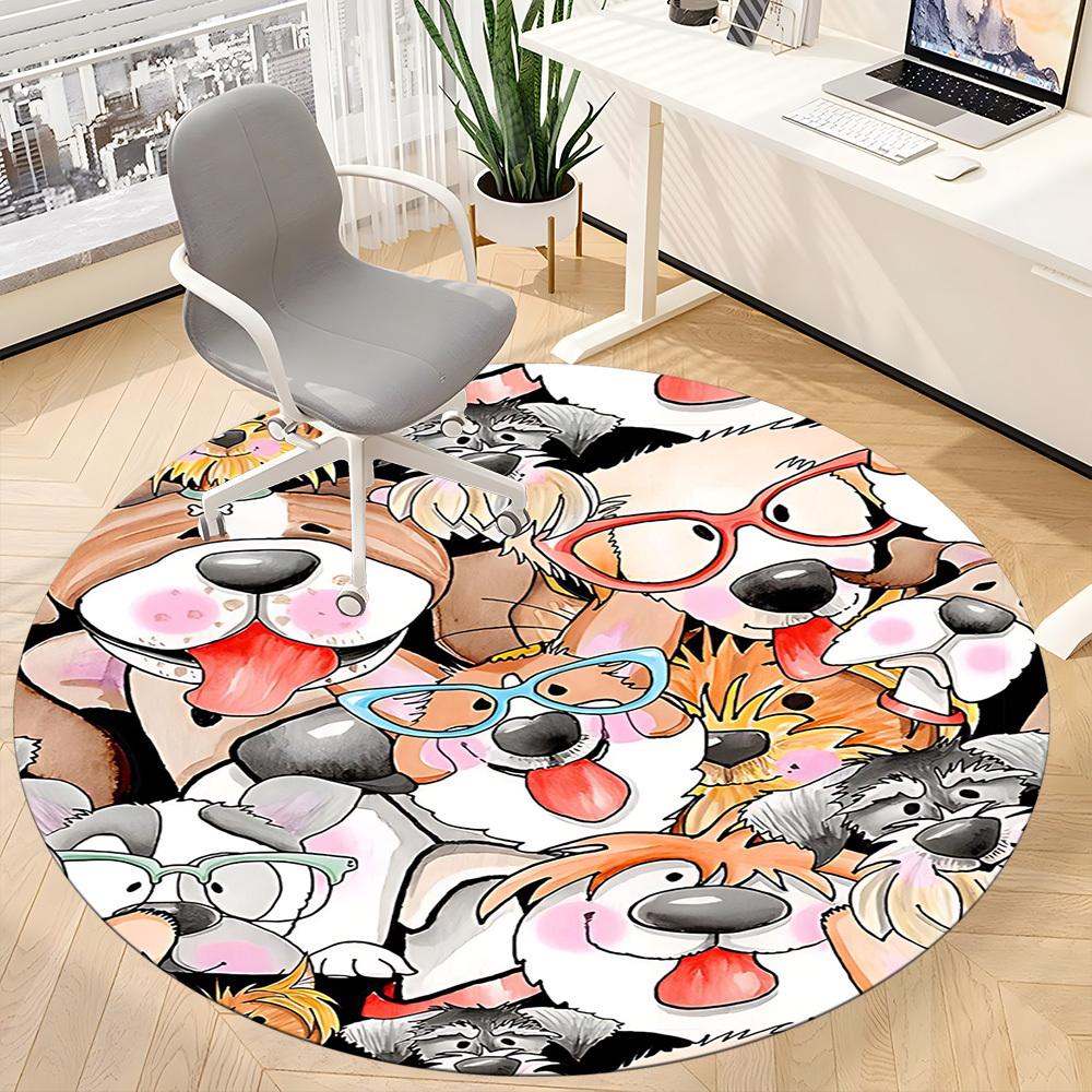 1PC Dogs Cute Office Round Area Rug, Mat Suitable For Office, Under Office Chairs Bedroom Living Room Home Decor, Room Deco