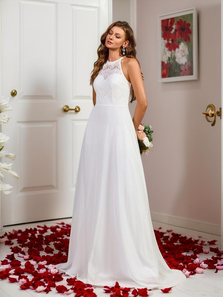 European & American Halter Embroidered Slit Fishtail Evening Dress