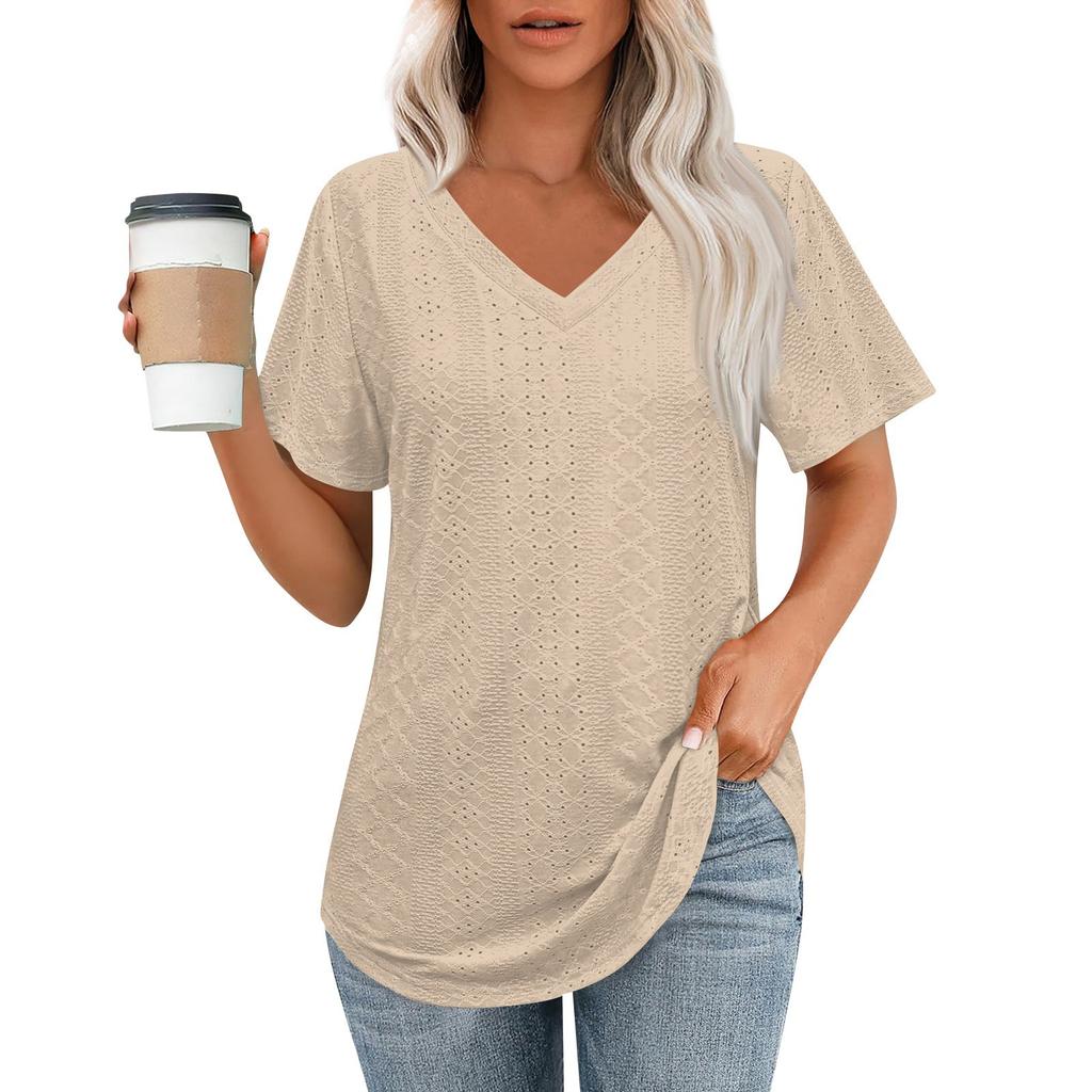 Womens T Shirts V Neck Short Sleeve Casual Tops Loose Fit Basic Tees With Curved Hem