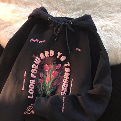 Женская толстовка с капюшоном, утолщенная осенняя и комфортная спортивная повседневная толстовка с принтом розы, повседневные топы для пар, модели на пуху